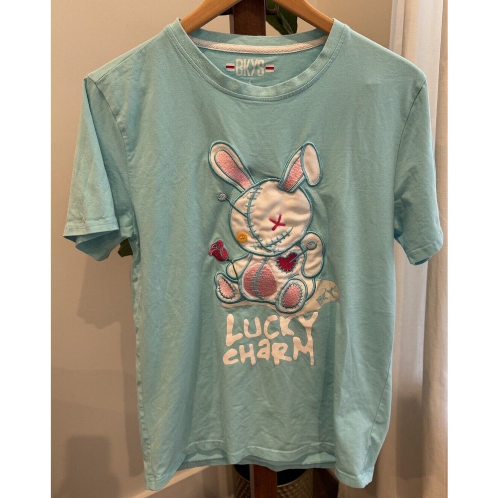 Men's Small Short Sleeve Crew Neck BKYS Lucky Charm Teal and Embroidered Bunny